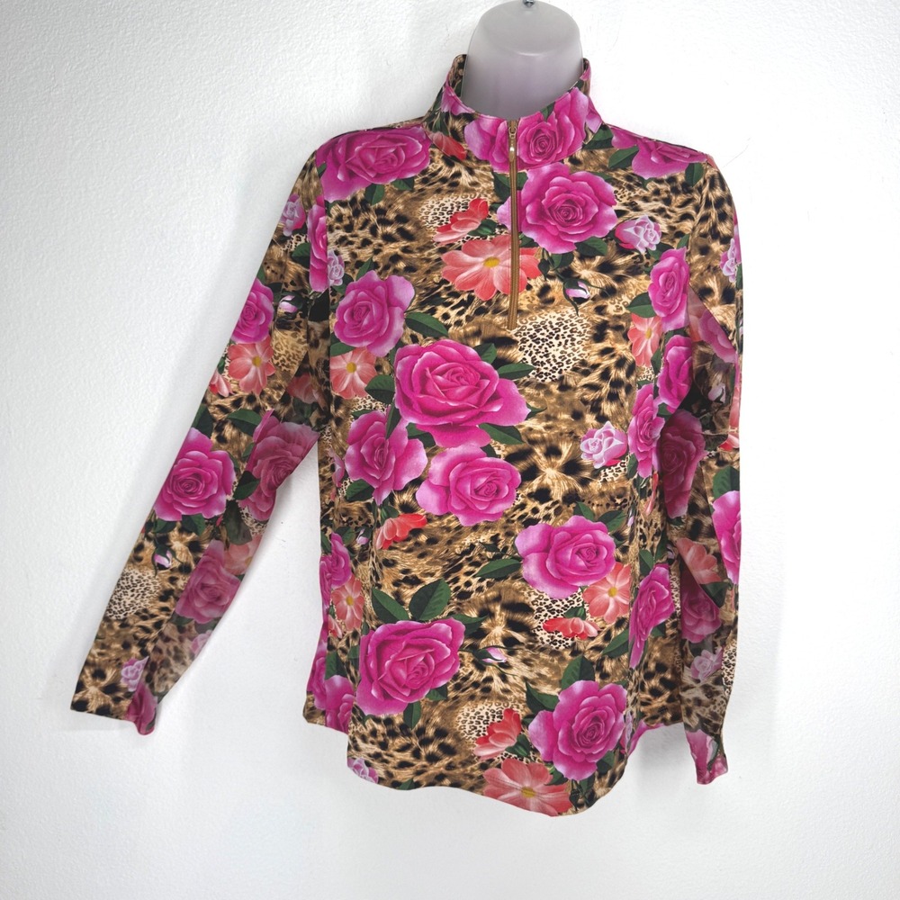 IBKUL Womens Leopard Floral IceFil Golf Quarter Zip Long Sleeve UPF 50 Size M